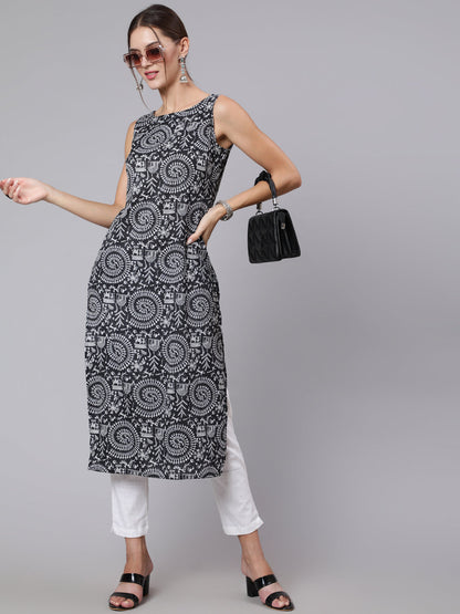 Black Kantha Printe Straight Sleeveless Kurta
