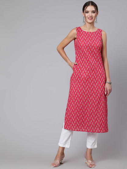Pink Ethnic Printed Straight Sleeveless Kurta