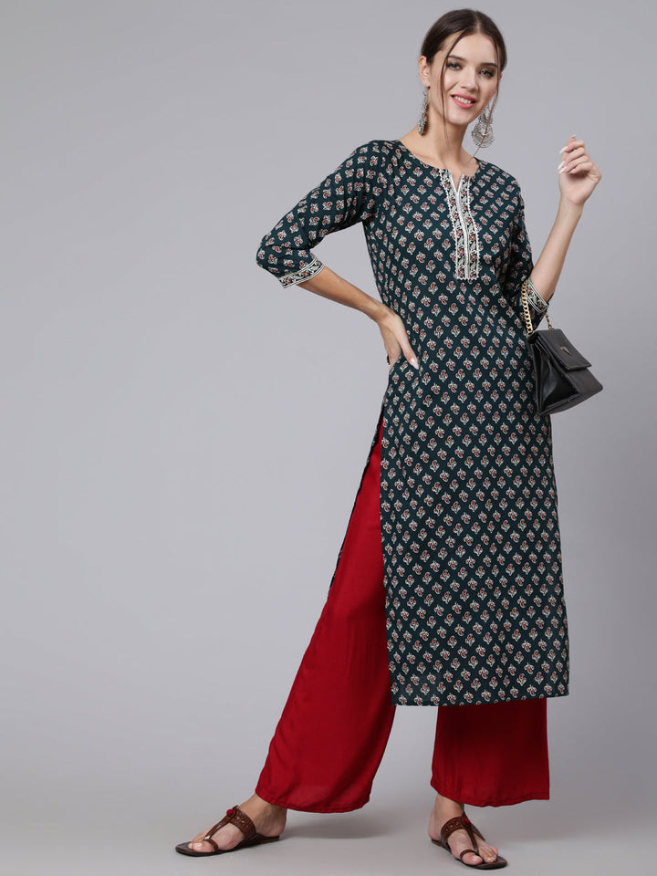 Green Printed Straight Kurta With Three Quarter Sleeves