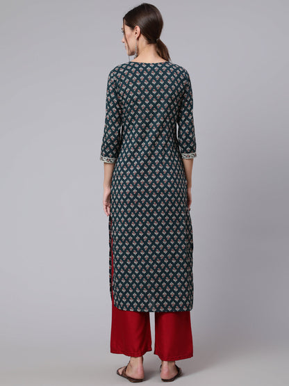 Green Printed Straight Kurta With Three Quarter Sleeves