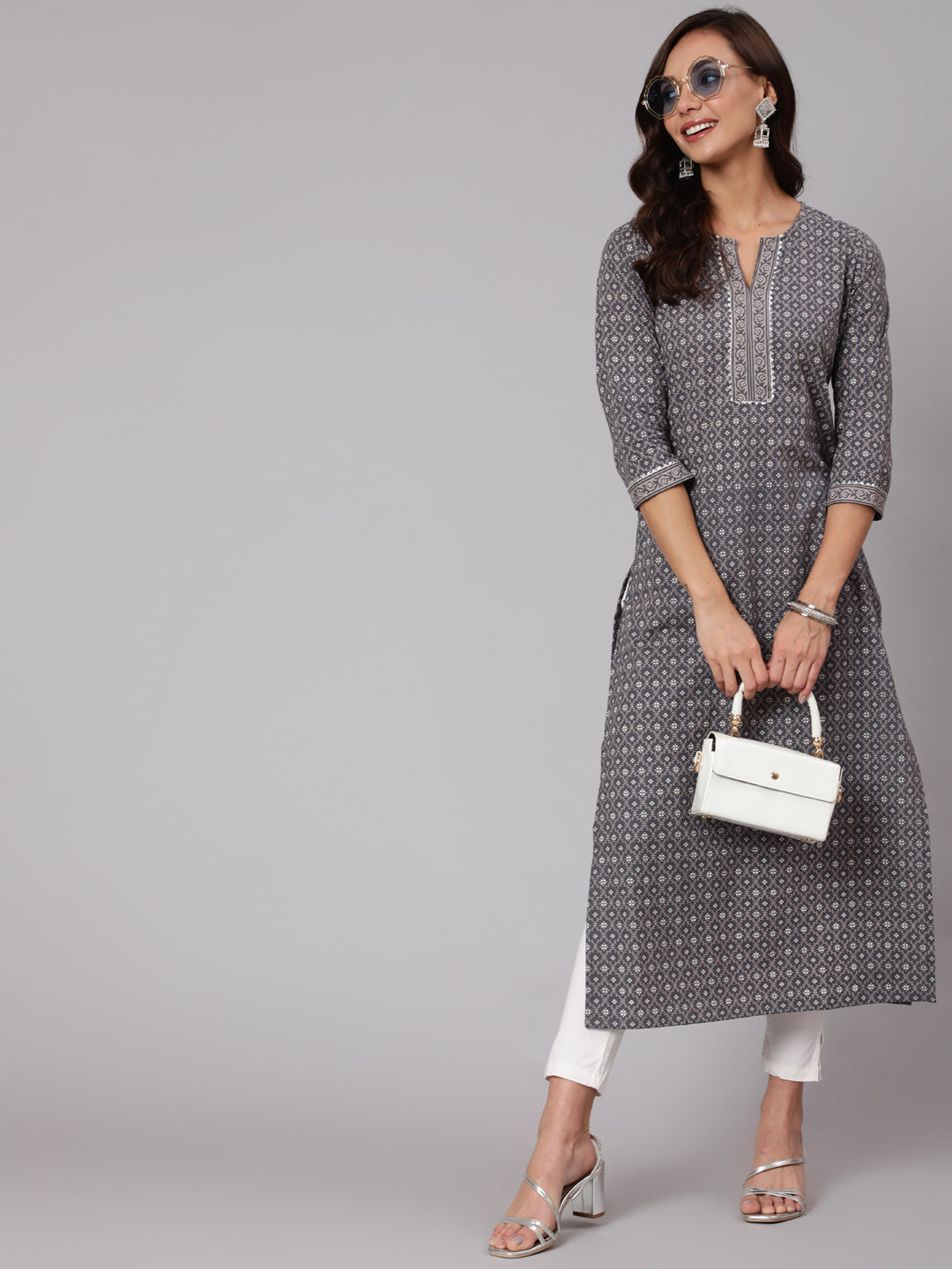 Grey Printed Straight Kurta With Three Quarter Sleeves