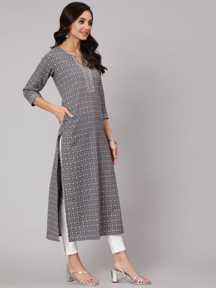 Grey Printed Straight Kurta With Three Quarter Sleeves