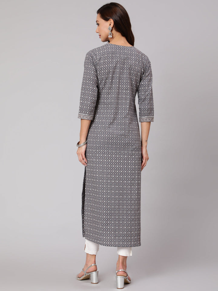 Grey Printed Straight Kurta With Three Quarter Sleeves