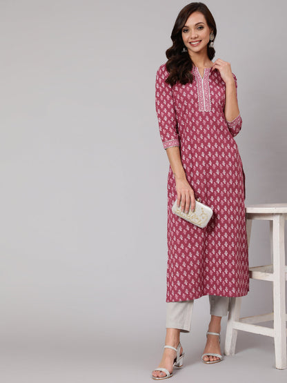 Mauve Printed Straight Kurta With Three Quarter Sleeves