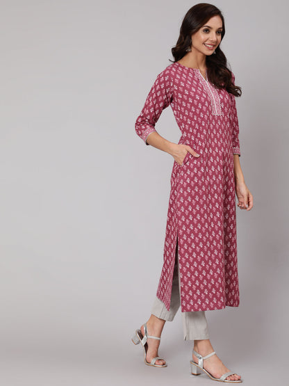 Mauve Printed Straight Kurta With Three Quarter Sleeves