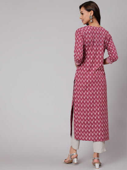 Mauve Printed Straight Kurta With Three Quarter Sleeves