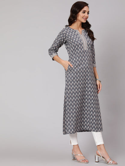 Grey Printed Straight Kurta With Three Quarter Sleeves