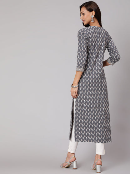 Grey Printed Straight Kurta With Three Quarter Sleeves