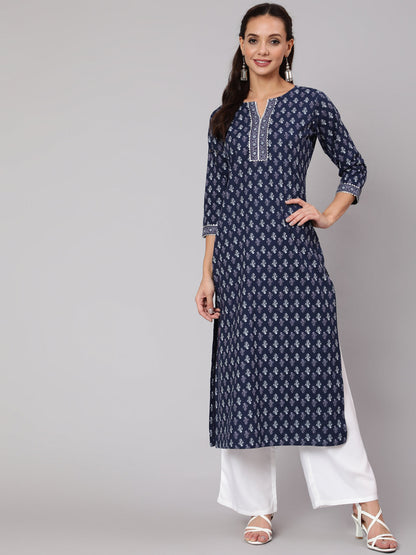 Blue Printed Straight Kurta With Three Quarter Sleeves