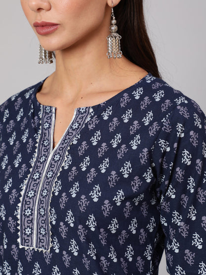 Blue Printed Straight Kurta With Three Quarter Sleeves