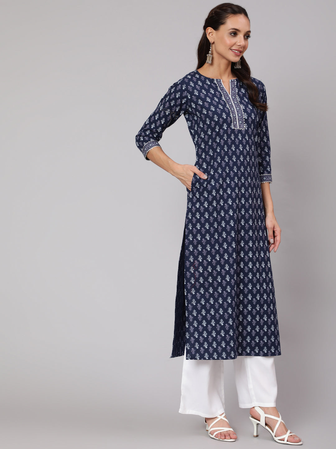 Blue Printed Straight Kurta With Three Quarter Sleeves