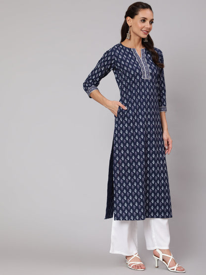 Blue Printed Straight Kurta With Three Quarter Sleeves