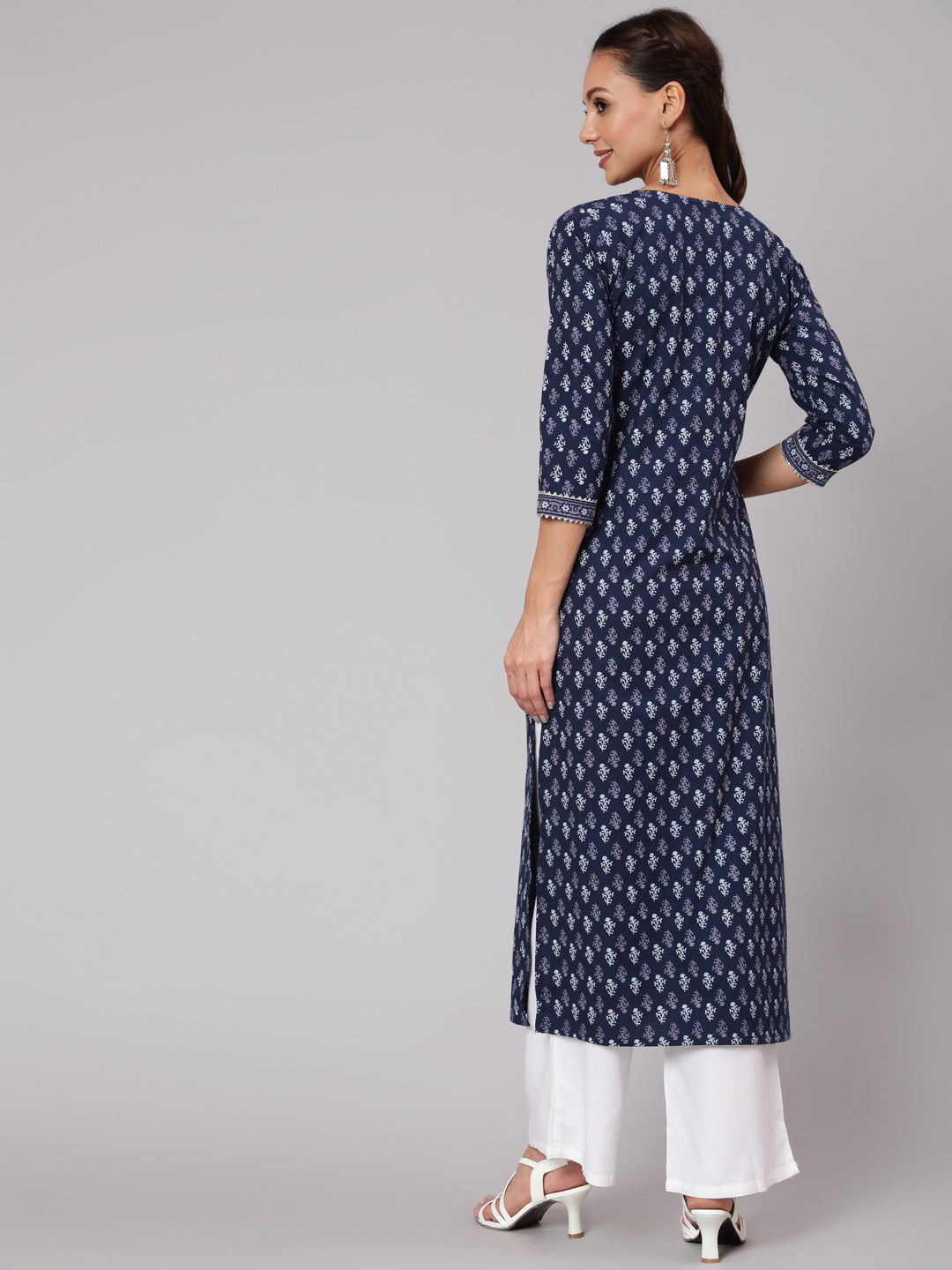 Blue Printed Straight Kurta With Three Quarter Sleeves