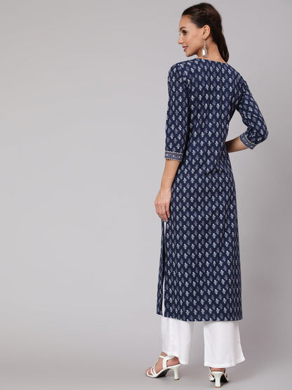 Blue Printed Straight Kurta With Three Quarter Sleeves