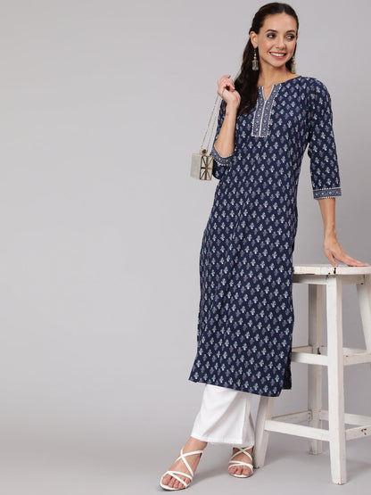 Blue Printed Straight Kurta With Three Quarter Sleeves