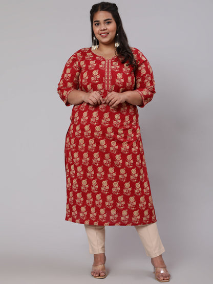 Plus Size Red & Beige Printed Straight Kurta With Three Quarters Sleeves