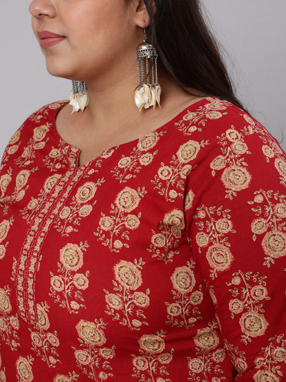 Plus Size Red & Beige Printed Straight Kurta With Three Quarters Sleeves