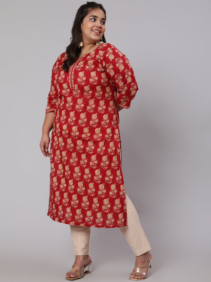 Plus Size Red &amp; Beige Printed Straight Kurta With Three Quarters Sleeves