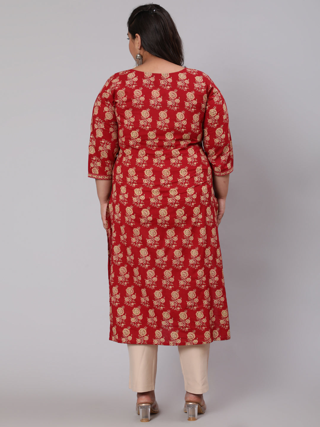 Plus Size Red &amp; Beige Printed Straight Kurta With Three Quarters Sleeves