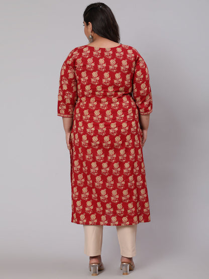 Plus Size Red & Beige Printed Straight Kurta With Three Quarters Sleeves