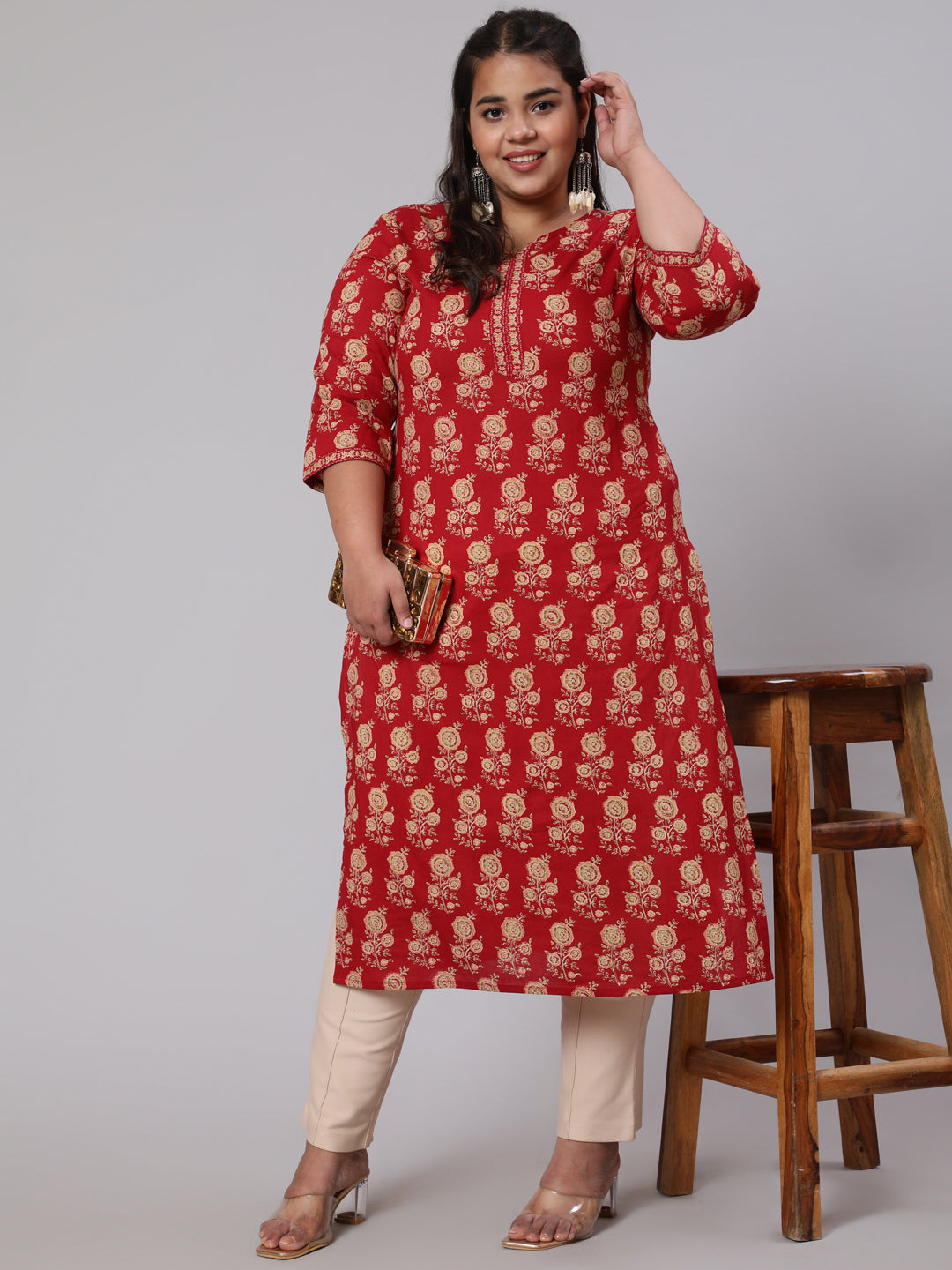 Plus Size Red & Beige Printed Straight Kurta With Three Quarters Sleeves