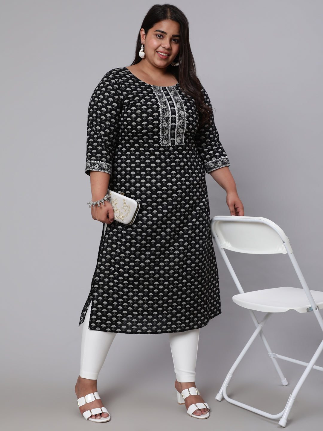 Plus Size Black Ethnic Printed Straight Kurta
