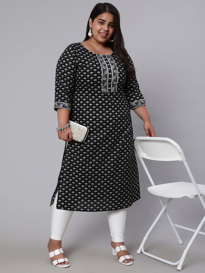 Plus Size Black Ethnic Printed Straight Kurta
