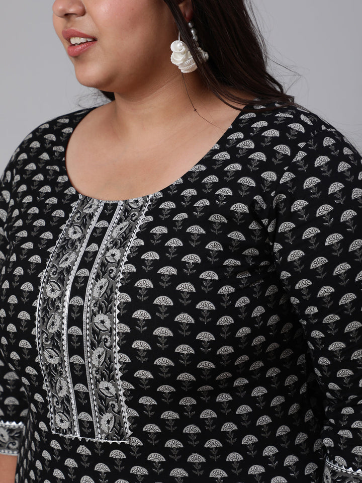 Plus Size Black Ethnic Printed Straight Kurta