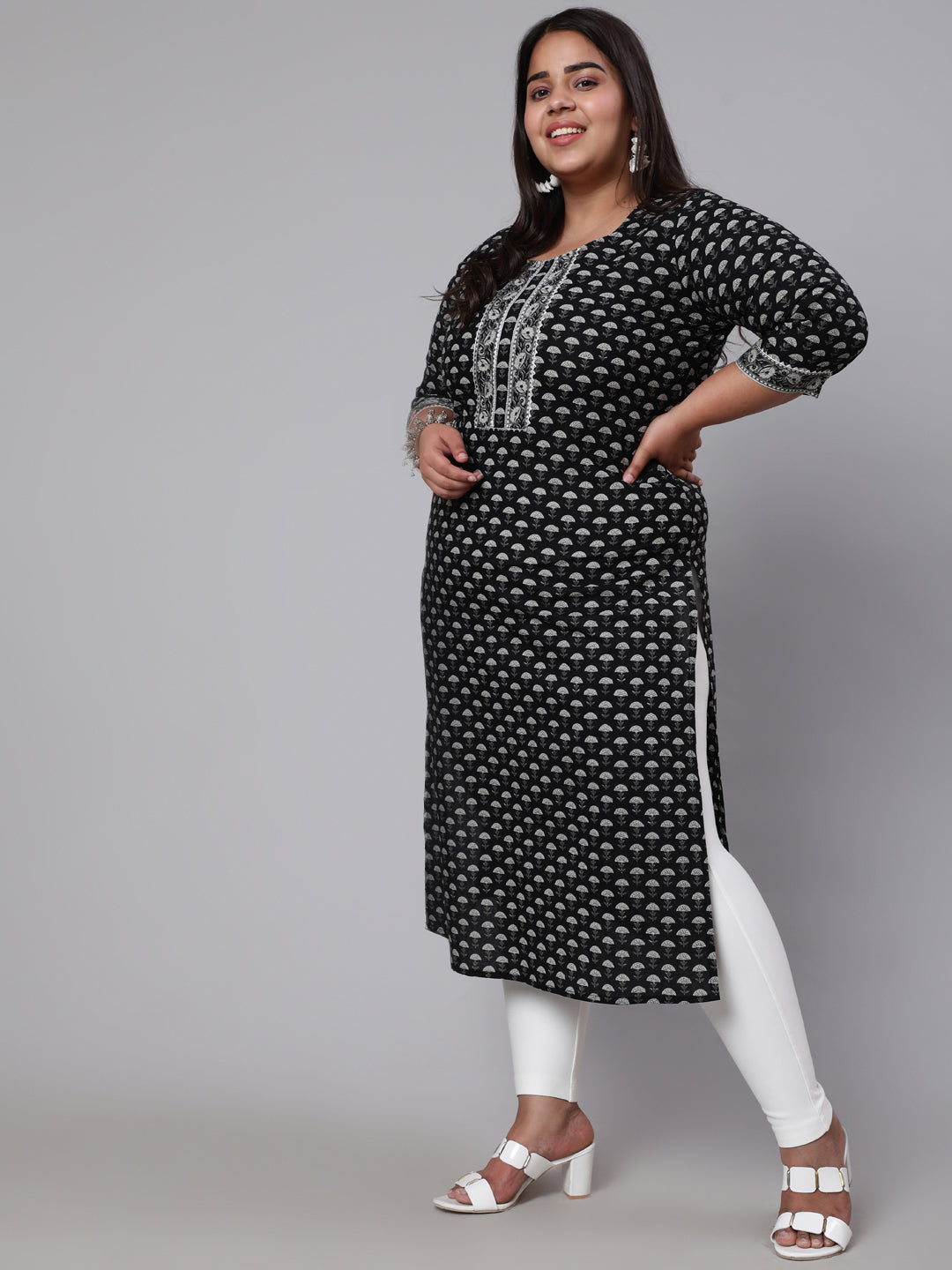 Plus Size Black Ethnic Printed Straight Kurta