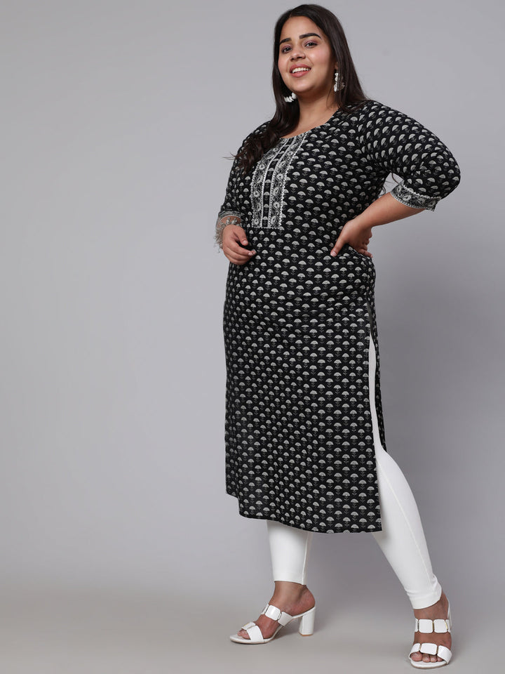 Plus Size Black Ethnic Printed Straight Kurta