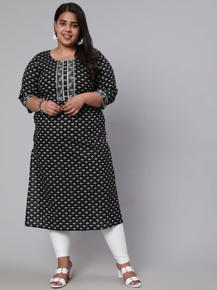 Plus Size Black Ethnic Printed Straight Kurta