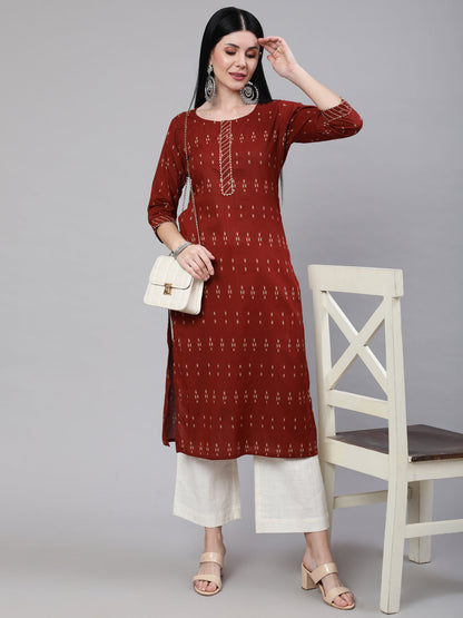 Maroon Ethnic Printed Straight Kurta With Three Quarter Sleeves