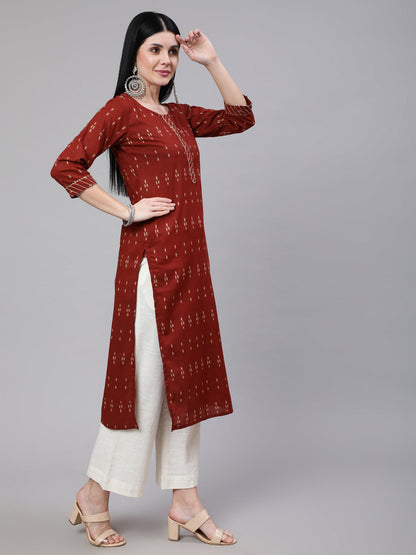 Maroon Ethnic Printed Straight Kurta With Three Quarter Sleeves