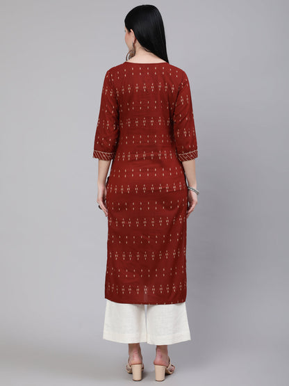 Maroon Ethnic Printed Straight Kurta With Three Quarter Sleeves