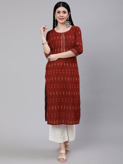 Maroon Ethnic Printed Straight Kurta With Three Quarter Sleeves