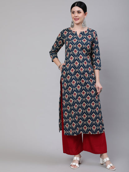 Blue Ethnic Printed Straight Kurta With Three Quarter Sleeves