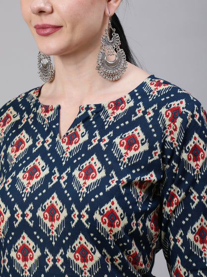 Blue Ethnic Printed Straight Kurta With Three Quarter Sleeves