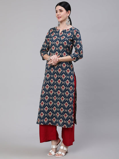 Blue Ethnic Printed Straight Kurta With Three Quarter Sleeves