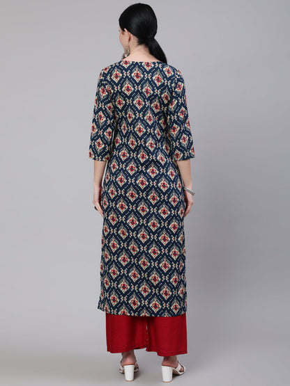 Blue Ethnic Printed Straight Kurta With Three Quarter Sleeves
