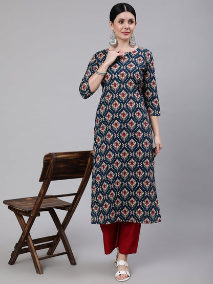 Blue Ethnic Printed Straight Kurta With Three Quarter Sleeves