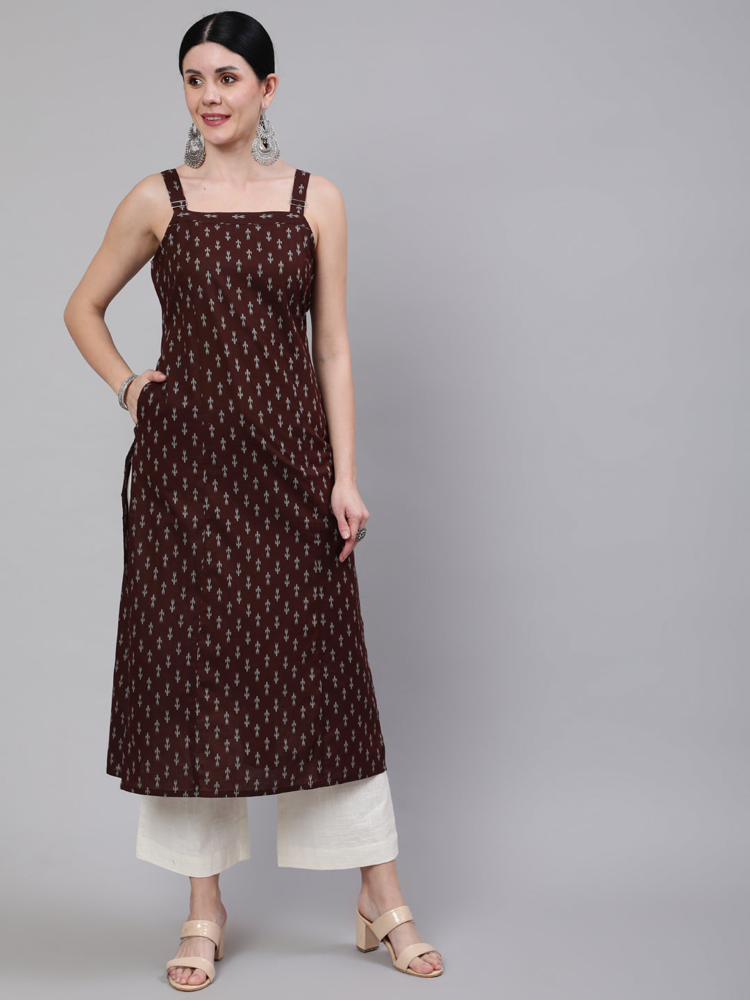 Brown Ikat Printed Straight Kurta With Shoulder Straps