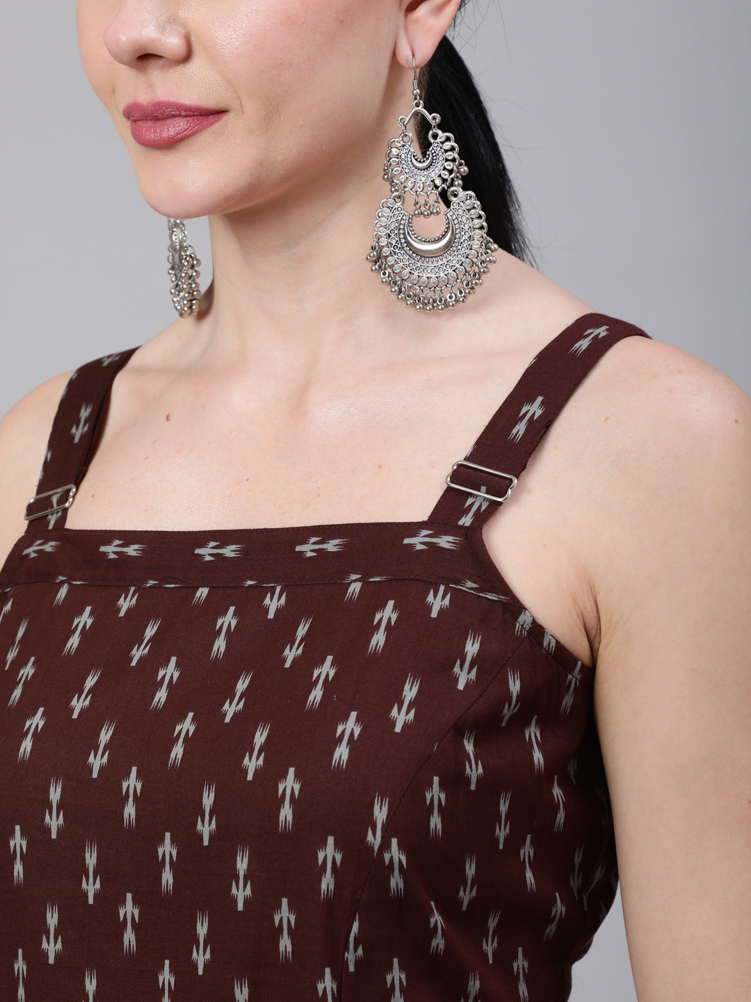 Brown Ikat Printed Straight Kurta With Shoulder Straps