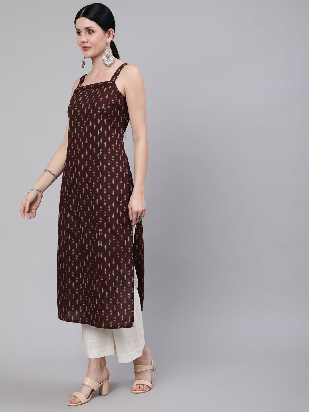 Brown Ikat Printed Straight Kurta With Shoulder Straps