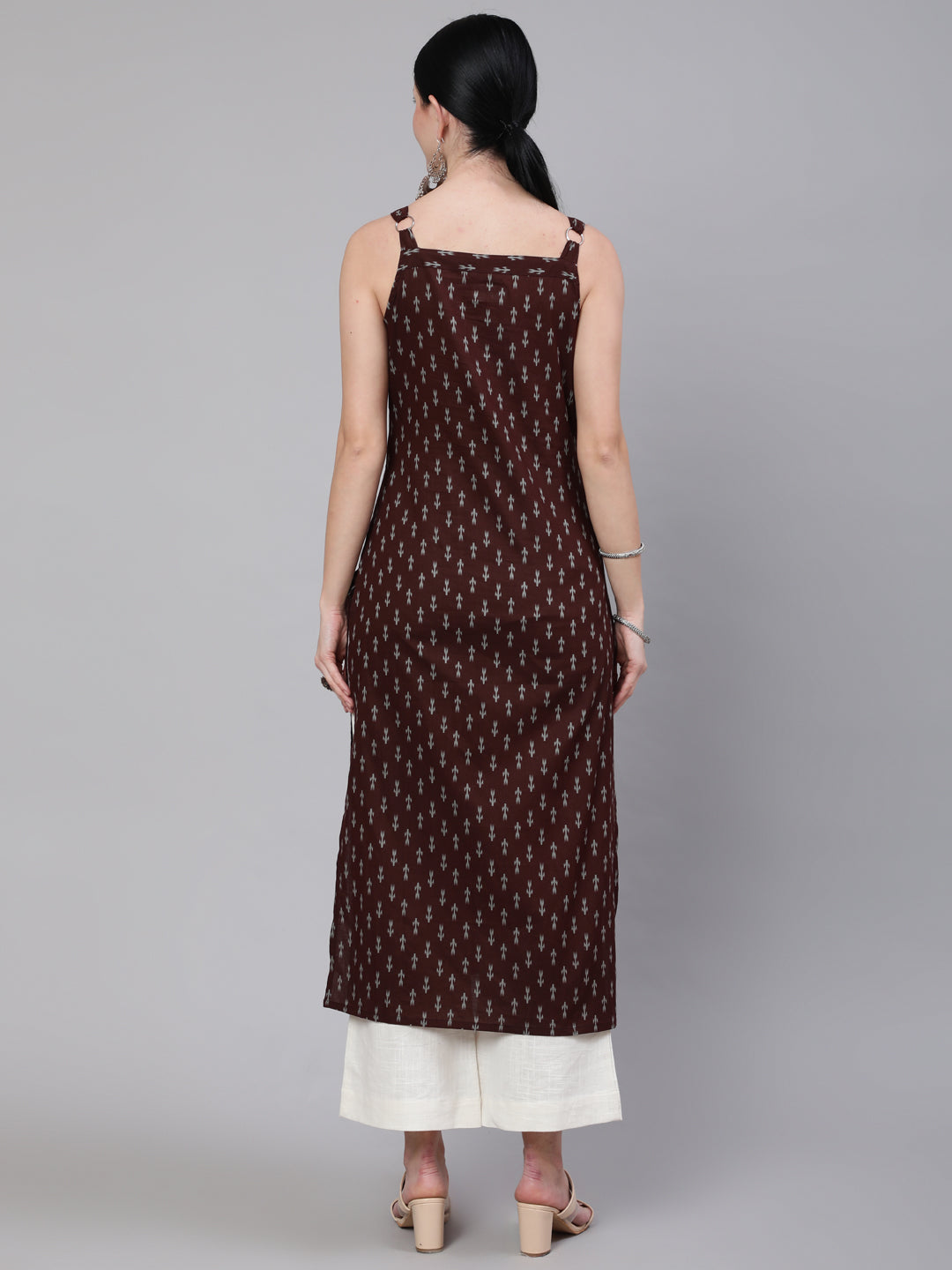 Brown Ikat Printed Straight Kurta With Shoulder Straps