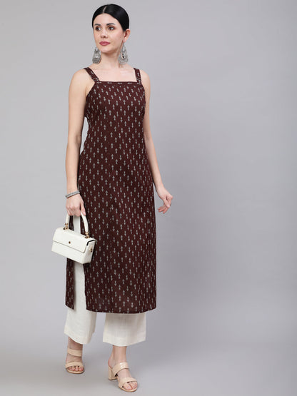 Brown Ikat Printed Straight Kurta With Shoulder Straps