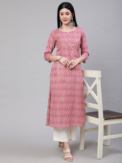 Mauve Ethnic Printed Straight Kurta With Three Quarter Sleeves