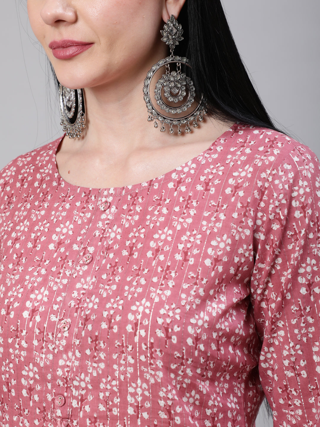 Mauve Ethnic Printed Straight Kurta With Three Quarter Sleeves