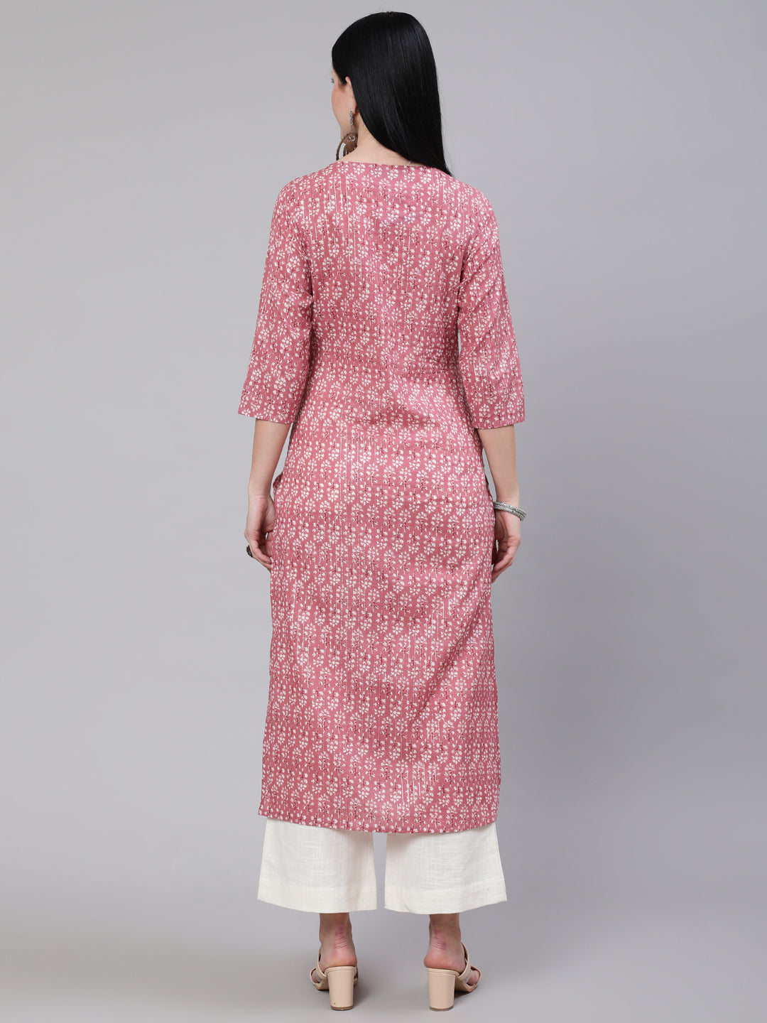 Mauve Ethnic Printed Straight Kurta With Three Quarter Sleeves