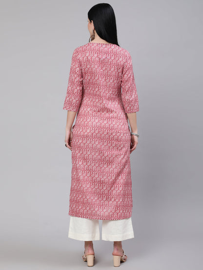 Mauve Ethnic Printed Straight Kurta With Three Quarter Sleeves