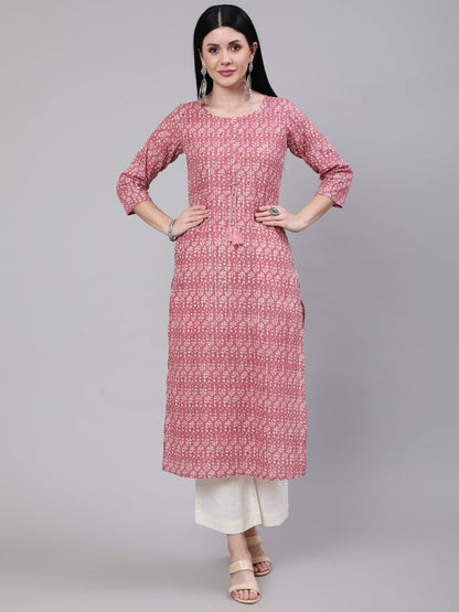 Mauve Ethnic Printed Straight Kurta With Three Quarter Sleeves